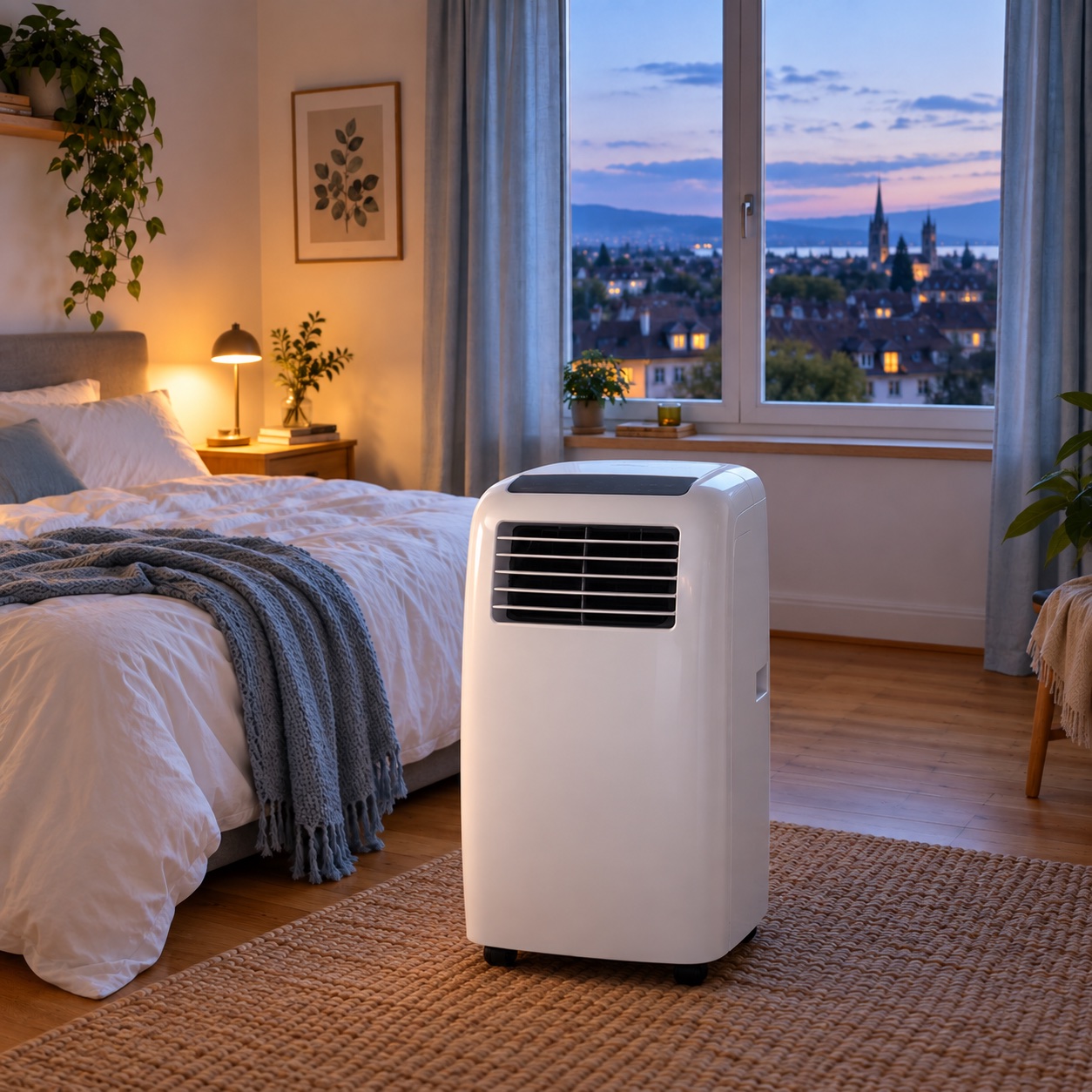 Ein gemütliches Schlafzimmer am Abend mit mobiler Klimaanlage