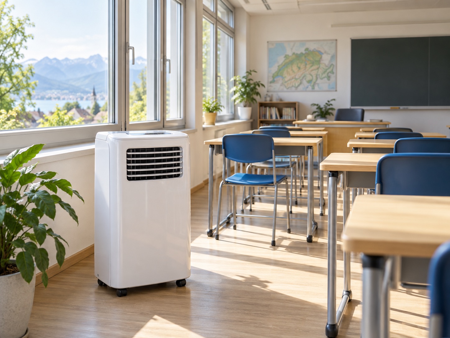 A bright classroom with a portable air conditioner by the window